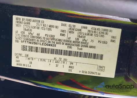 2020 Ford F-250 Lariat from USA, damaged, VIN 1FT7W2B61LED04925